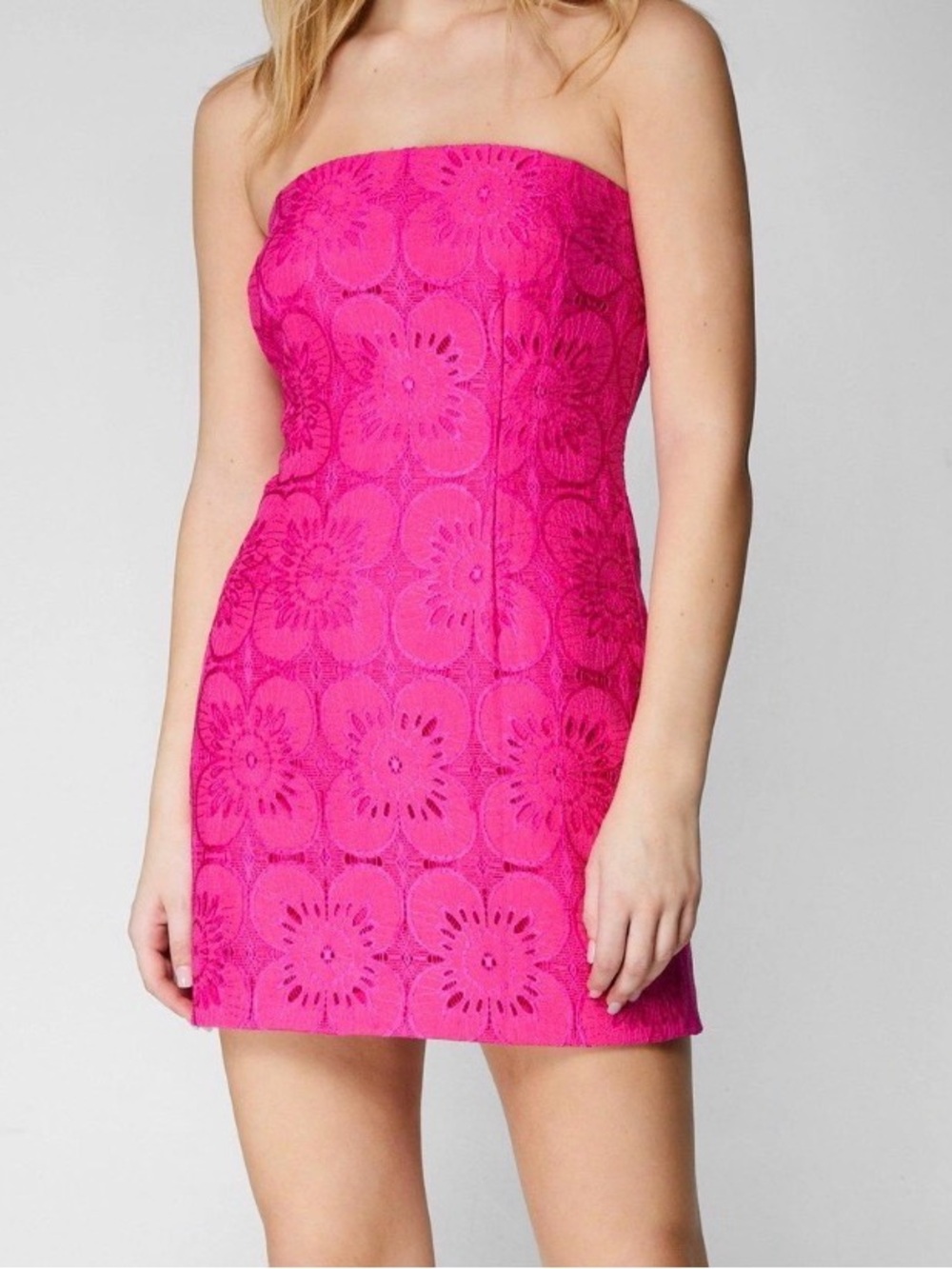 Strapless Floral Lace Mini Dress - Hot Pink
